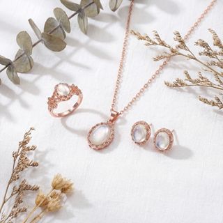 Conjunto Plata Rosa Piedra Luna (3 Piezas)