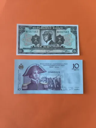 Billetes de Haití: 1 Gourde y 10 Gourdes