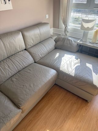 Sofá chaise longue de piel beige/gris