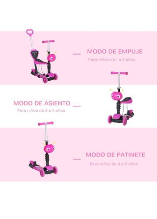 Patinete 3 en 1 rosa con asiento y empujador