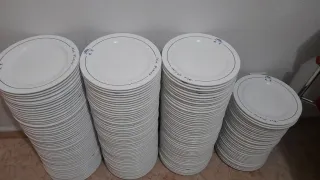 Lote de Platos de Porcelana Blancos con Borde Azul