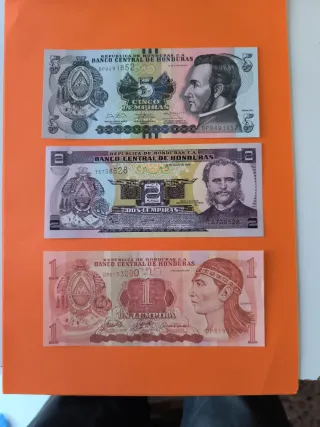 Billetes de Honduras (1, 2 y 5 Lempiras)