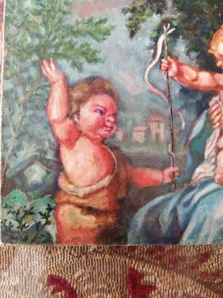 Óleo religioso estilo antiguo Virgen con niño