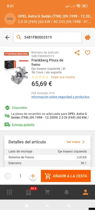 Pinzas frenos nuevas eje trasero Opel Astra meriva