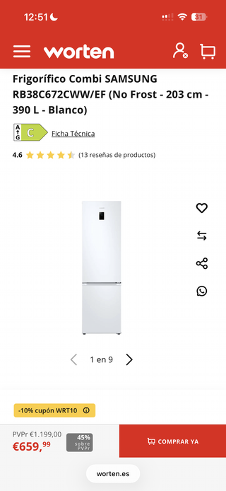 OFERTON - Frigorífico Samsung Combi Frente Cristal