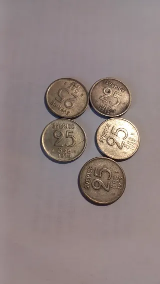 5 Monedas Suecas 25 Öre Plata Baja