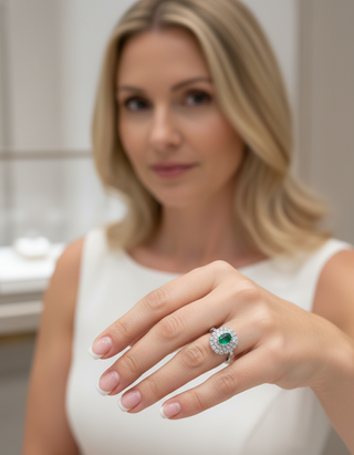 Sortija oro blanco esmeralda y brillantes