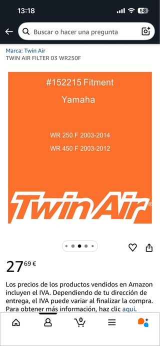 Filtro Aire Twin Air Yamaha WR 250/450 Nuevo
