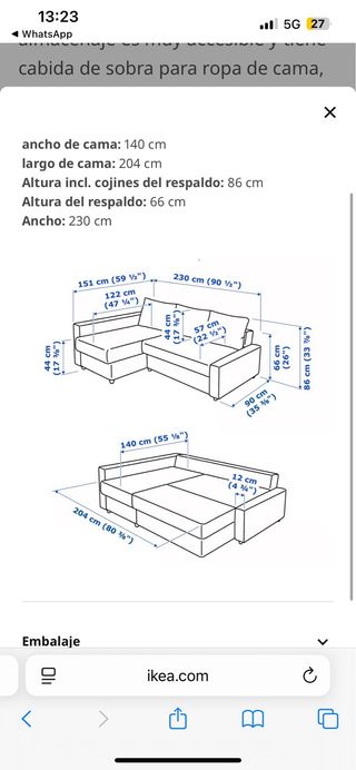Sofá-cama Ikea con Chaise Longue Gris
