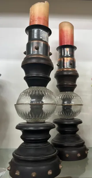 Coppia Candelabri Legno Rame Vetro