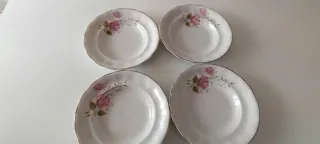 4 Platos hondos Antiguos de Loza Fina con dibujo.