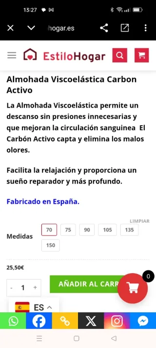 70×35cm Almohada viscoelástica Carbón