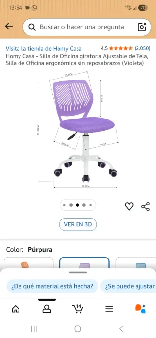 Silla de escritorio morada y blanca