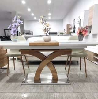 MESA COMEDOR EXTENSIBLE CRISTAL TEMPLADO Y MADERA!