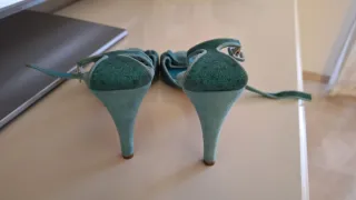 Sandalias Tacon Piel Genuina Azul Turquesa