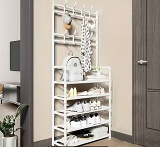 Estantería zapatero con perchero - 5 pisos, Blanca