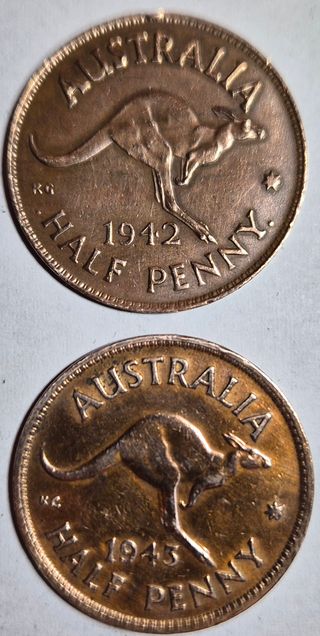 Australia 2 monete,bronzo 1/2 penny,1942-1943.SPL.