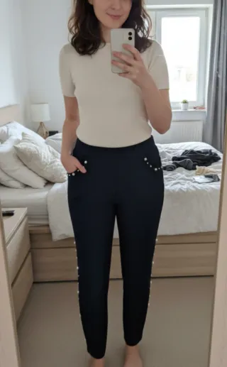 Pantalón Azul Marino con Perlas Laterales