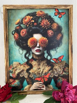 Cuadro dorado envejecido mujer con mariposas