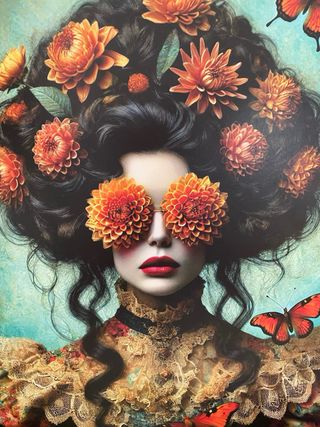 Cuadro dorado envejecido mujer con mariposas