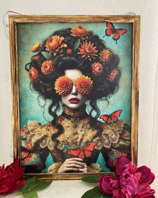 Cuadro dorado envejecido mujer con mariposas