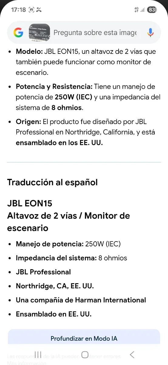 (Pareja) Altavoces JBL Profesional《son pasivos》15" afbeelding 7