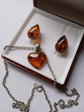 Conjunto Ambar Corazón y Lágrimas .cadena incluida