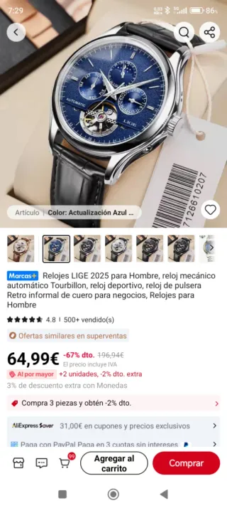 Reloj Lige Automático Tourbillon Azul Plata