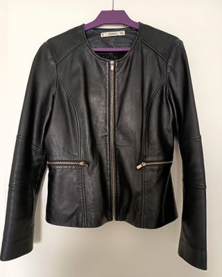 Cazadora Cuero Mango Negra Mujer