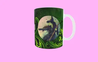 Taza cerámica diseño brujas verde y rosa