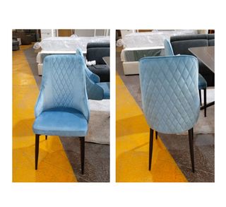 Mesa redonda cristal y 4 sillas terciopelo azul