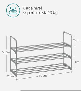 SONGMICS Zapatero de 3 Niveles, Zapatero de Metal, Organizador de Zapatos, para 12-15 Pares de Zapatos, Apilable, Pasillo, 30 x 92 x 55 cm, Gris LSA303G01