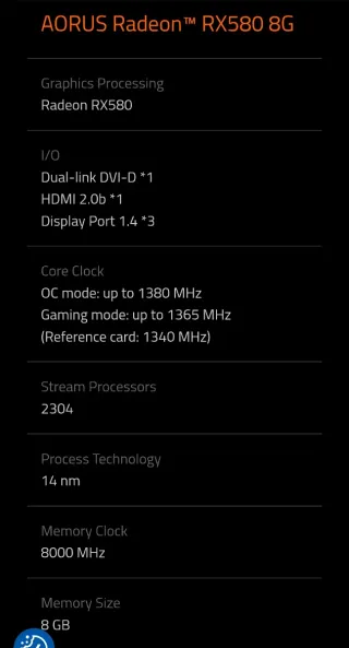 Tarjeta Gráfica Aorus RX580 8GB