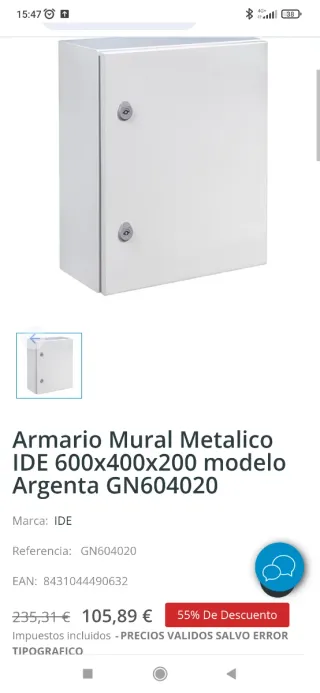 Armario Metálico Cuadro Eléctrico 60x40x20cm