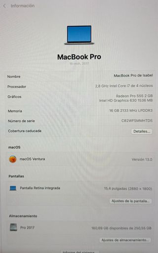 MacBook Pro 256 GB (2017) Plata