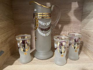 Juego Jarra y 3 Vasos Cristal Antiguo