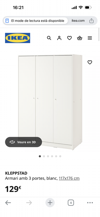 Armario IKEA KLEPPSTAD blanco 3 puertas