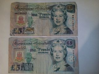 2 Billetes 5 Libras Gibraltar Reina Isabel