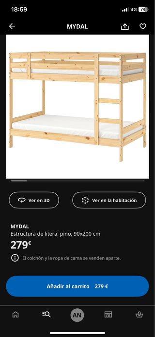 Litera de madera. Modelo Myday Ikea.