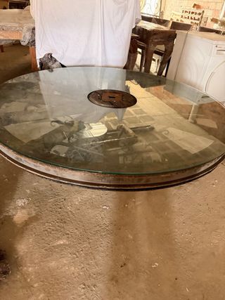 Mesa Rueda Antigua Cristal Base Hierro