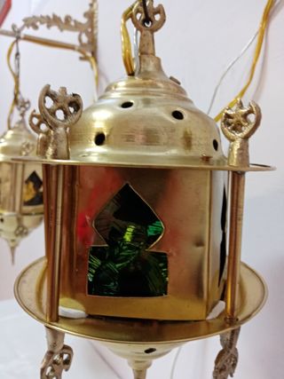 Coppia Lanterne Ottone Vetro Colorato