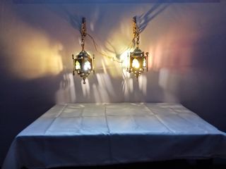 Coppia Lanterne Ottone Vetro Colorato