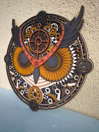 Quadro Decorativo Steampunk Gufo Legno Metallo