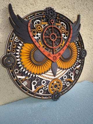 Quadro Decorativo Steampunk Gufo Legno Metallo