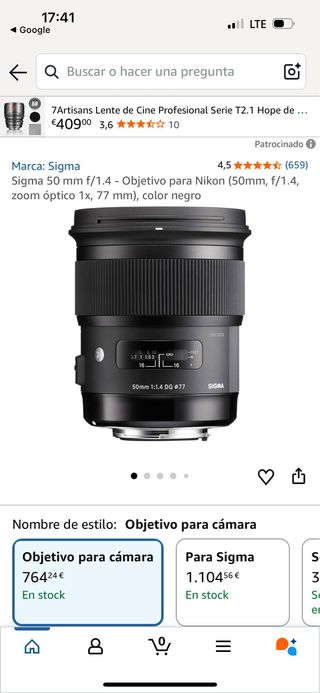 Objetivo Sigma 50mm 1:1.4 DG - Montura Canon EF