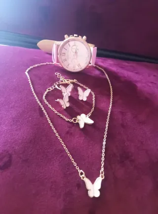 Conjunto Joyas Mariposa y Reloj Rosa