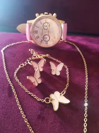 Conjunto Joyas Mariposa y Reloj Rosa