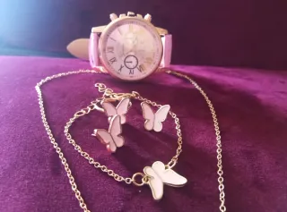 Conjunto Joyas Mariposa y Reloj Rosa