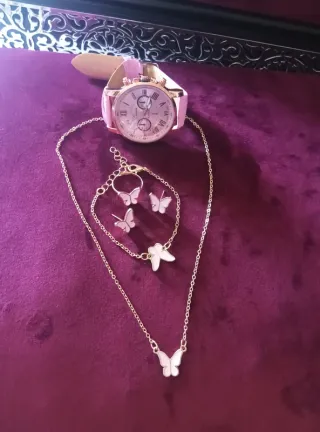 Conjunto Joyas Mariposa y Reloj Rosa