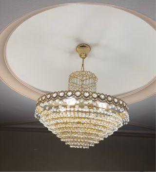 Lámpara de araña vintage dorada y cristal